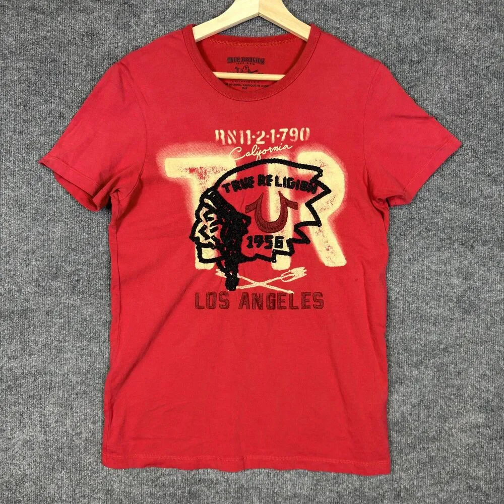 True Religion Mens Graphic T Shirt Size S Red Embroidered Los Angeles Logo Tee